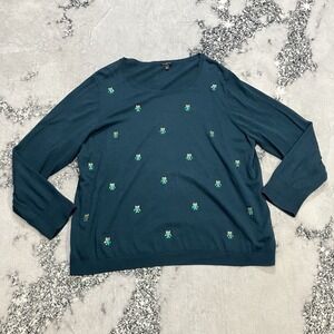 Talbots 3X Plus Teal Owl Embroidered Crewneck Sweater Cute Fall Top